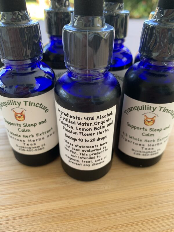 Tranquility Tincture ingredients on the back of the bottle.