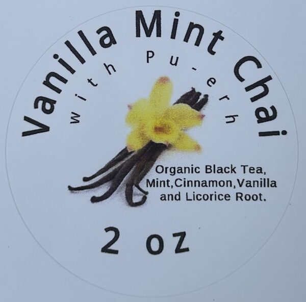 The Vanilla Mint Chai tea label with the ingredients and weight listed.