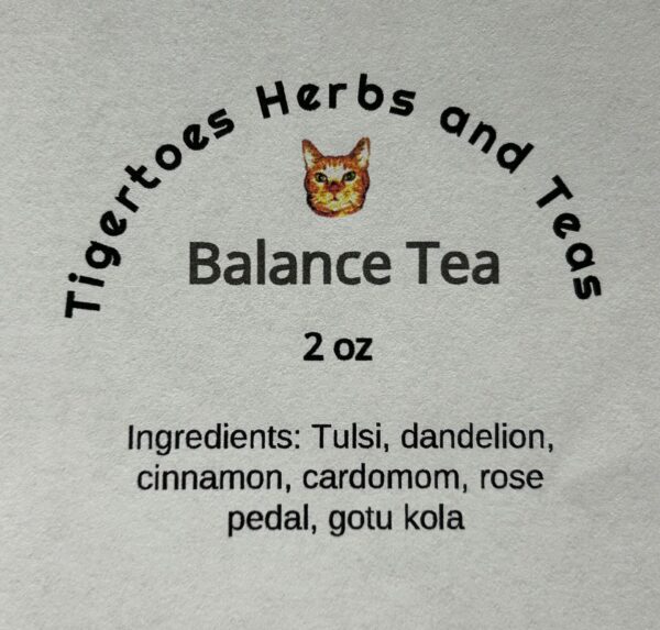 The Balance Tea label, sold in both 2 Paz and 4 oz packages.