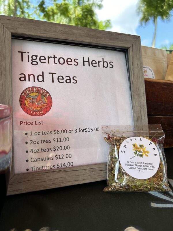 Spirit Tea package displayed with the Tigertoes Farm tea pricing.